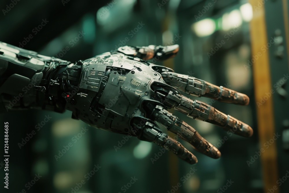 Poster futuristic robotic hand displayed in a high-tech environment showcasing advanced technology