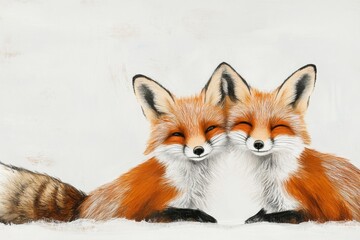 Obraz premium A whimsical drawing of two animals, like foxes or rabbits, forming a heart shape with their tails, with simple details on a clean white canvas