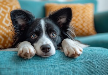 Adorable Black and White Dog Resting on Soft Couch with Colorful Pillows Showing Relaxed and Playful Attitude in a Cozy Indoor Environment