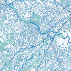 Map of New Brunswick in New Jersey in a professional blue style. Contains layered vector with roads water, parks, etc.