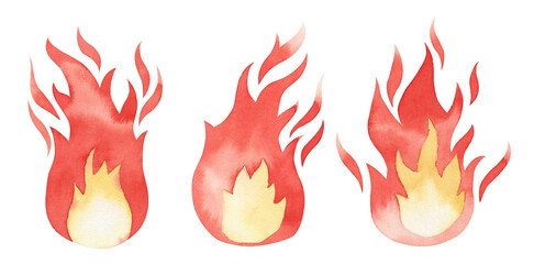 Watercolor illustration set fire. Watercolor flame isolated on white. Cartoon cute fire element.