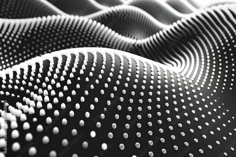 Poster abstract 3d background with white dots forms wavy pattern on black surface smoothly.