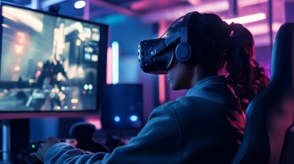 Immersive Virtual Reality Gaming Setup with Futuristic Lighting Effects