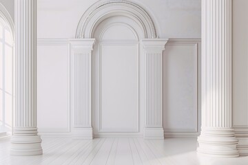White chateau manor house room, arch, columns and panels, light digital photography backdrop.