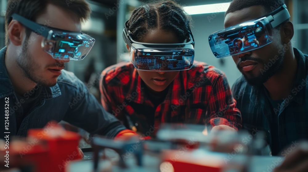 Poster group of engineers collaborating with augmented reality glasses