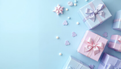 Top view cute little presents tied with bow on blue background with text space, beautifully wrapped gifts adorned with vibrant bows  against a serene blue backdrop abstract background