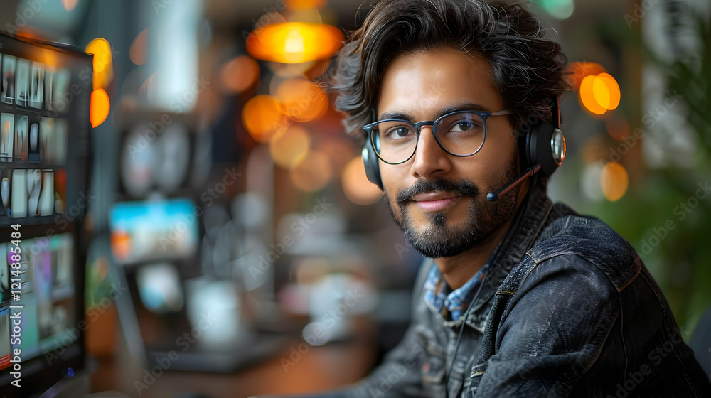 Poster man with headset works on computer in blurred office setting, showcasing technology and focus.