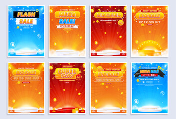 Collection of A4 vertical sale flyer and poster templates. Set of flash sale, big sale, super sale, and mega sale discount promos with podiums, spotlights, and an abstract realistic background