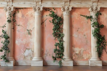 Ancient greek columns set against a pink marble wall backdrop with ivy, digital photography background.
