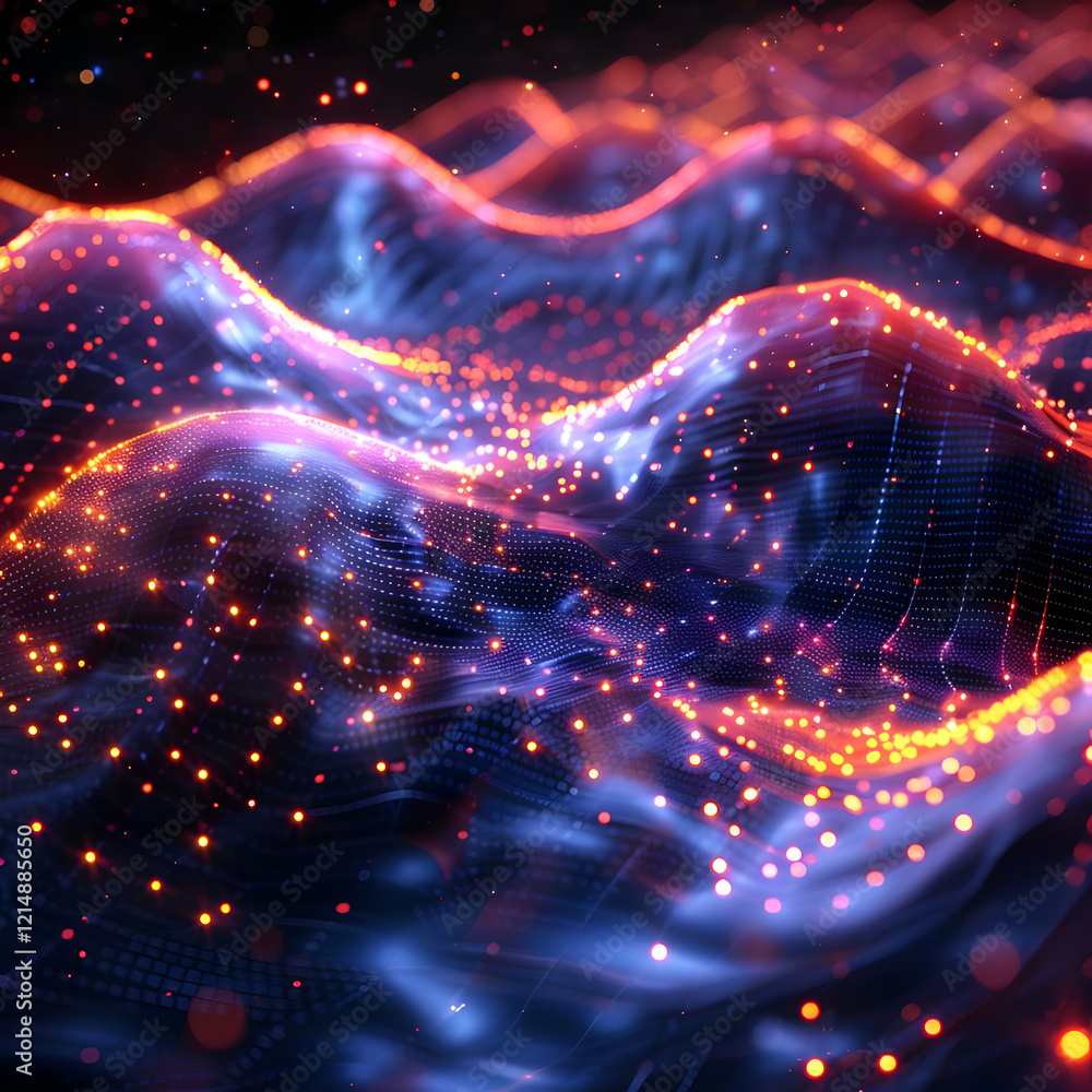 Poster abstract 3d landscape forms glowing waves with particles dynamically smoothly and beautifully