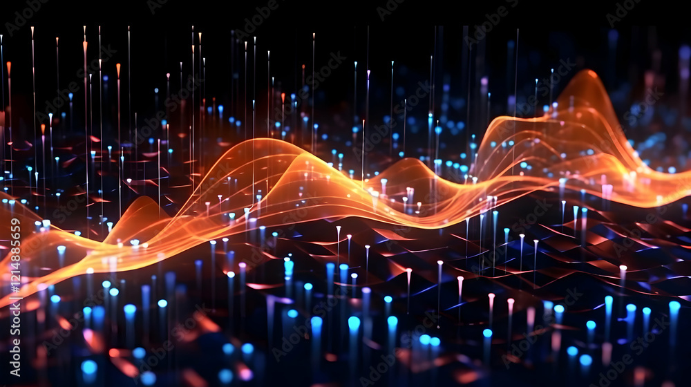 Poster abstract 3d landscape with glowing lines and particles creates a futuristic technological scene dyna