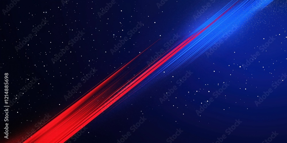 Poster dynamic illustration with vibrant blue, red colours. diagonal lines create speed effect. stars scatt