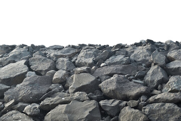 A pile of rugged grey rocks. Large boulders forming a natural stone formation. Stacked natural rocks creating a rugged landscape. Rough stone pile against a white background.