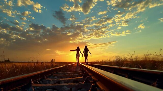A video of girls at sunset running on rails is great for romantic scenes, travel commercials and music videos.
