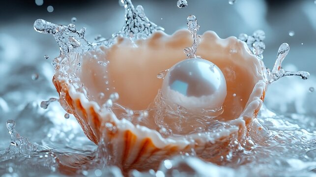 A close-up photograph of an oyster shell with a single pearl nestled inside, surrounded by water splashing around it.