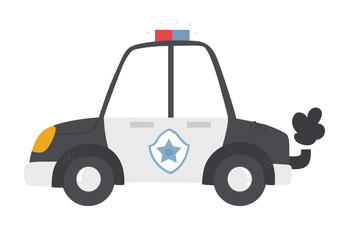 Vector illustration of a cute police patrol car. Transportation for kids. Police station. Emergency. Police illustration for children. Cute emergency vehicle. Patrol car. Isolated on white.
