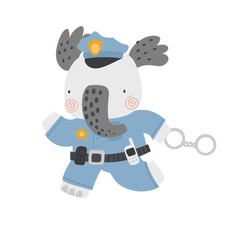 Vector illustration of cute elephant policeman on white. Elephant in a police uniform. Professions for children. Cute cartoon animals police character. Professions for children. Emergency. Boho.
