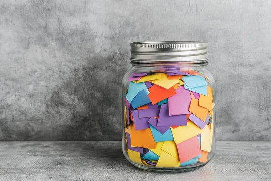 A concept design of a compliment jar filled with colorful notes, symbolizing daily encouragement and kindness
