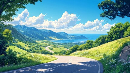 Fototapeta premium A winding road that leads to a serene ocean view.
