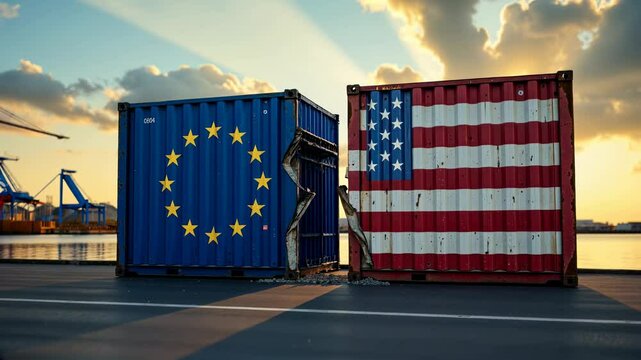 Damaged cargo containers with the flags of usa and european union symbolizing trade war tariffs