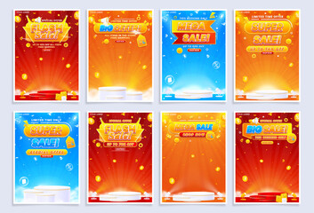 Collection of A4 vertical sale flyer and poster templates. Set of flash sale, big sale, super sale, and mega sale discount promos with podiums, spotlights, and an abstract realistic background
