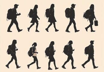 Set of unrecognizable silhouettes of people walking