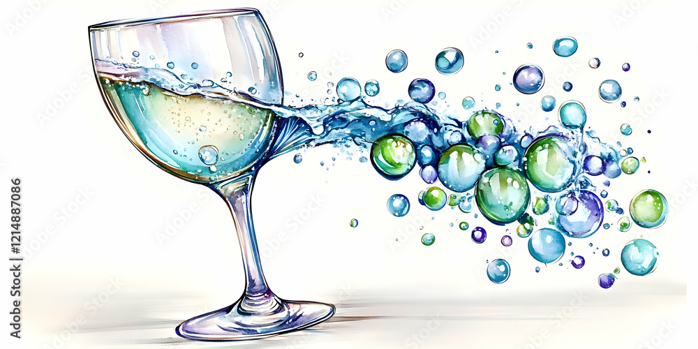 Poster a glass of sparkling water splashes with colorful bubbles dynamically on white background