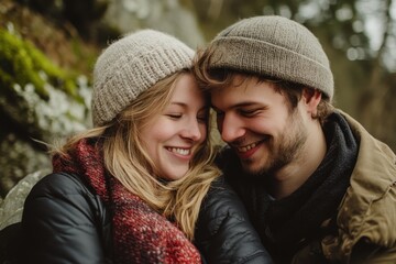 Fototapeta premium Couple enjoying cozy moments together in nature during winter season
