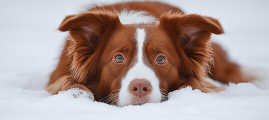 Adorable brown and white dog lying on fresh snow, with soulful eyes conveying emotion and curiosity, capturing the beauty of winter and companionship in a serene landscape.