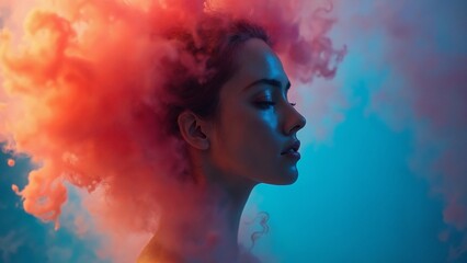 Dreamlike portrait of woman with colorful smoke swirls, abstract art concept