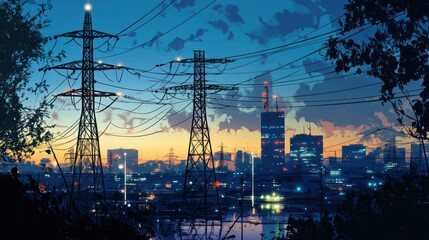 Urban high power poles connected to smart grid, energy supply, power distribution, power transmission, power transmission, high voltage supply, technology, community, city