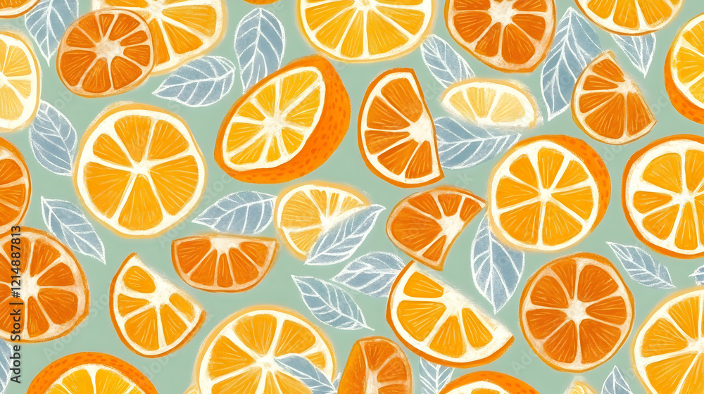 Poster vibrant orange slices and leaves form a refreshing summer pattern on a soft green background