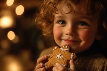 A child holding a freshly baked gingerbread cookie, their face lighting up with joy, the scene filled with holiday warmth
