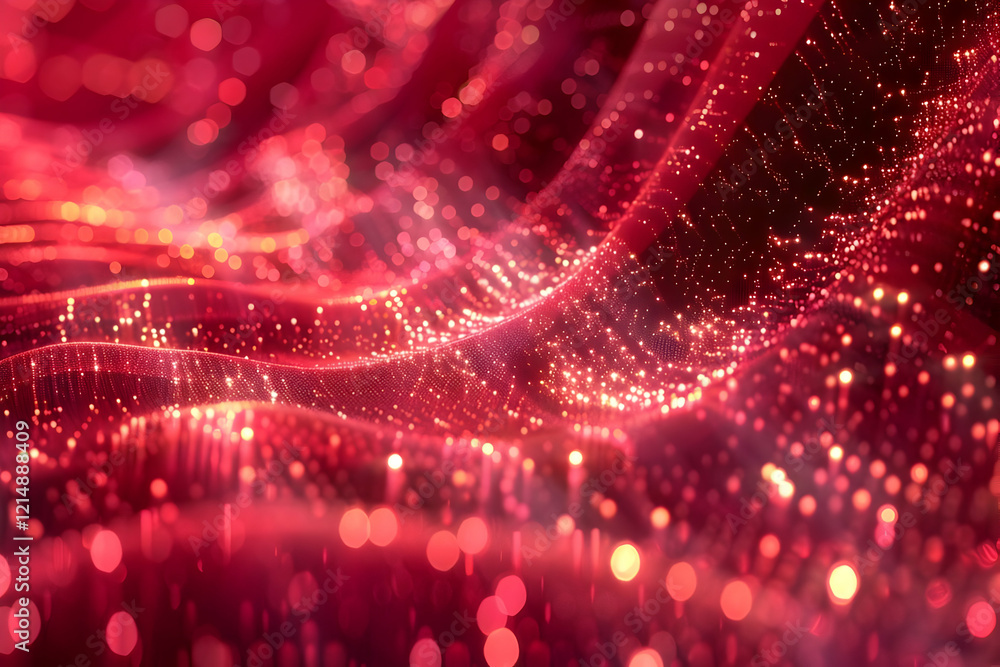 Poster abstract red background flows and sparkles with bokeh effect dynamically