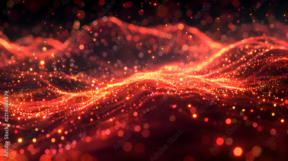 Poster abstract red glowing particle waves flowing smoothly in the dark background
