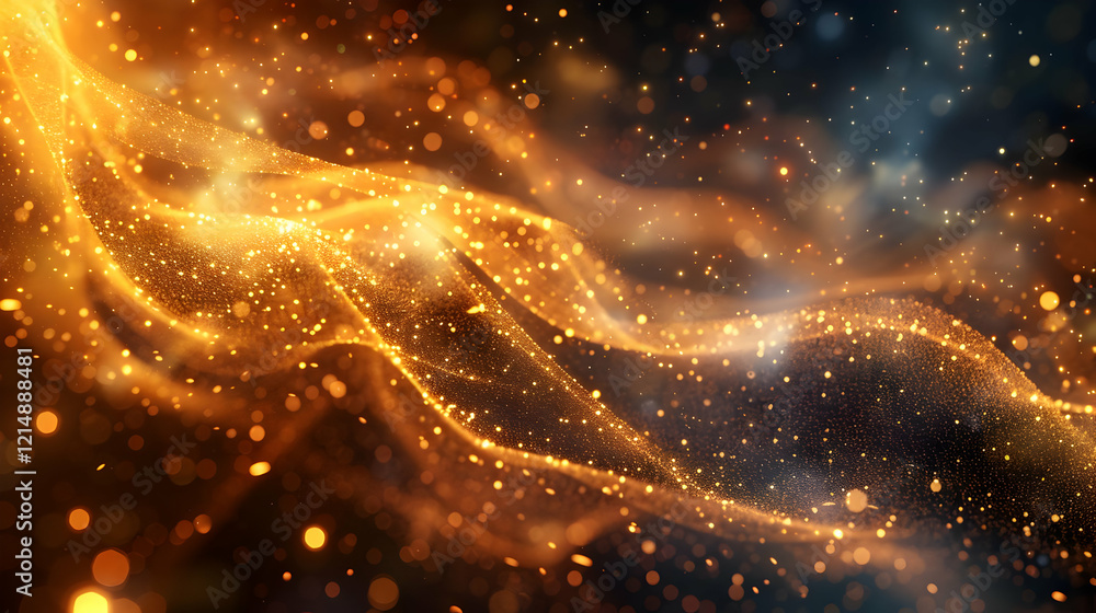 Poster golden particles flowing abstract background with sparkling bokeh and glittering lights effect