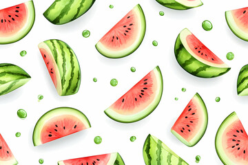 Watercolor Watermelon Slices and Juice Drops Seamless Pattern on White Background