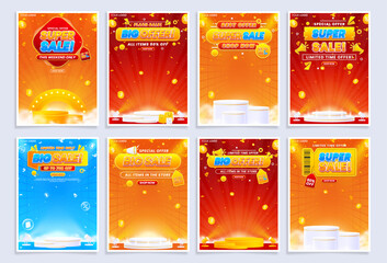 Naklejka premium Collection of A4 vertical sale flyer and poster templates. Set of flash sale, big sale, super sale, and mega sale discount promos with podiums, spotlights, and an abstract realistic background