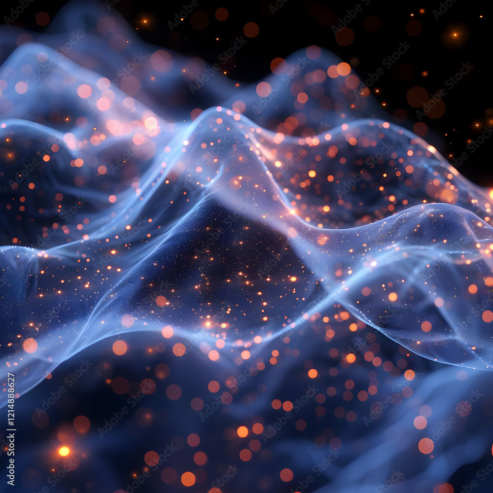 Poster abstract background with glowing particles flowing smoothly and elegantly in dark space