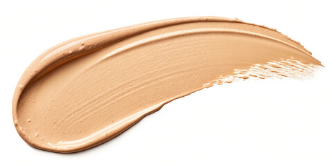 A subtle smudge of makeup foundation gently blending across a pristine white isolated background, showcasing its smooth, creamy texture and natural finish. 