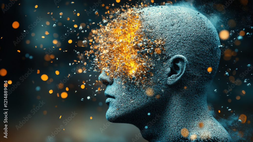 Poster hallucination, a visually striking image showcasing a figure dissolving into a swarm of glowing part