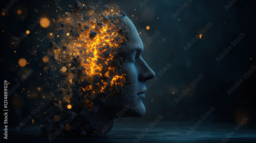 Poster hallucination, a mesmerizing image of a figure dissolving into a swarm of glowing particles, showcas