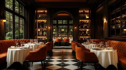 Elegant restaurant interior, daytime, garden view, fine dining