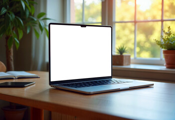 Fototapeta premium laptop mockup placed on a wooden desk by a window, with warm natural sunlight illuminating the scene. The screen should showcase white screen