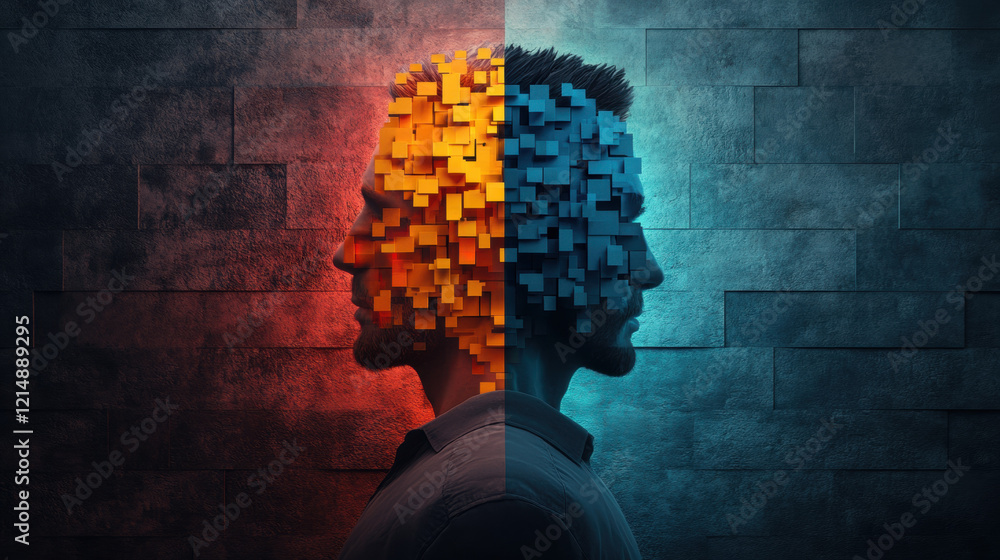 Poster hallucination, a vibrant image featuring a figure surrounded by various floating geometric shapes, d