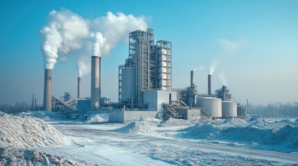 Obraz premium Winter factory smokestacks emissions, industrial landscape