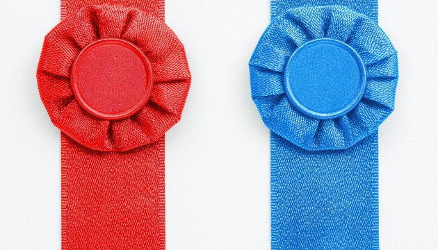 Close-up view of textured award ribbons in classic red and blue, featuring customizable central areas for branding