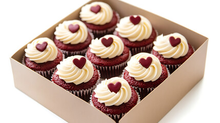 A box of red velvet cupcakes with heart-shaped frosting, isolated on white background in HD