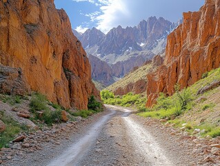 A dirt road winds through a rocky canyon towards snow-capped mountains under a partly cloudy sky