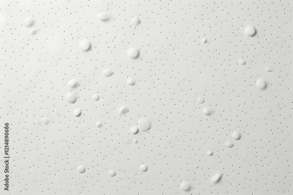 Poster water droplets rest on a perforated white surface, creating a textured pattern.